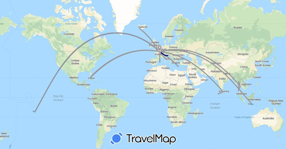 TravelMap itinerary: driving, plane, boat in Cuba, Spain, France, Greece, Indonesia, Iceland, Italy, Sri Lanka, Maldives, Thailand, United States (Asia, Europe, North America)